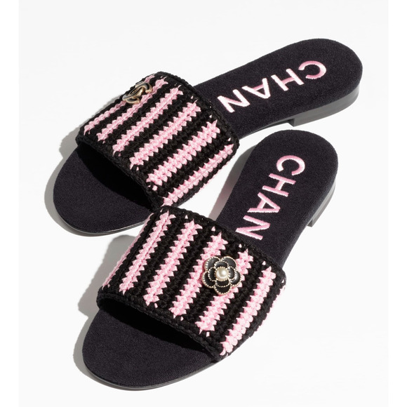 Chanel 24M Black Pink Crochet Stripe Camellia Flower Logo Mule Slide Sandal 39 - Picture 1 of 16